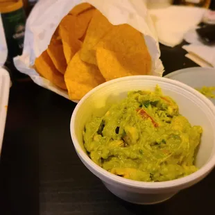 a bowl of guacamole and chips