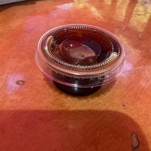 This is the baby-sized portion of teriyaki sauce that a place called "I  Teriyaki" gives you.