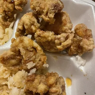 Spicy Teriyaki Chicken.  Not spicy, deep fried batter, little chicken.