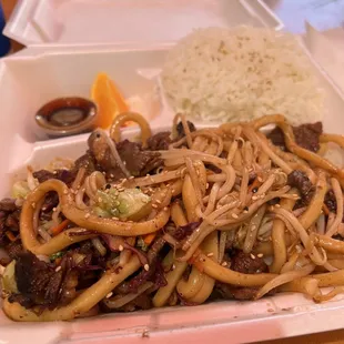 Beef teriyaki noodles. $16.99. Extra $7.95 if you want extra meat.