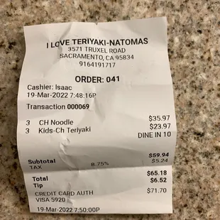 Receipt... pretty expensive for a family