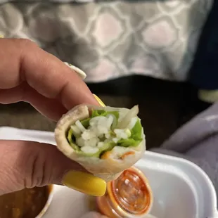a hand holding a vegetable spring rolls