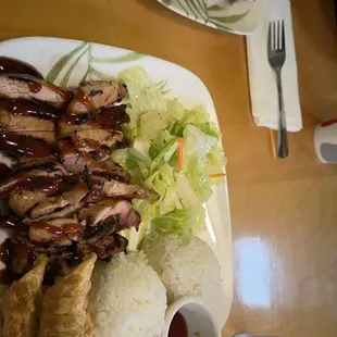 Lunch- chicken teriyaki with gyoza and an order of egg rolls.