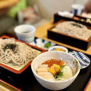 Uni, ikura and hotate don with zaru soba