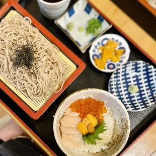 Uni, hotate and ikura don with zaru soba