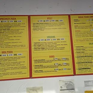 a menu on a wall