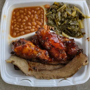 Mixed Meats combo... brisket, drummies, baked beans, collard greens