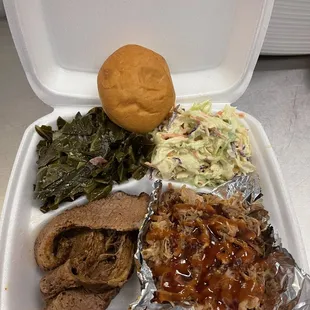 Mixed Meats  Brisket Pulled Pork  Greens  Coleslaw  Dinner Roll