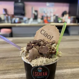 Pistachio gelato and Ferrero rocher toppings