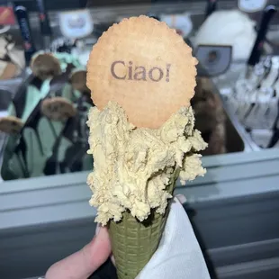 Pistachio gelato with matcha cone