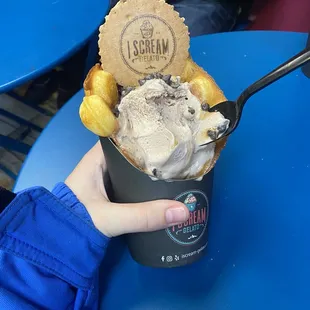 Bubble Waffle Cone with Brownie Gelato and Caramel and Chocolate Chips