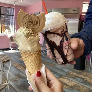 Dulce de Leche and Pistachio gelato in a waffle cone  KitKat milkshake with whipped cream