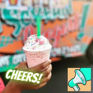 Strawberry milkshake w/ whip cream &amp; rainbow sprinkles