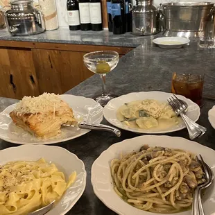 Top left: Lasagne Bianca; Top right: Ravioli Burro e Salvia; Bottom right Linguine e Vongole; Bottom right: Papparedelle e Limone
