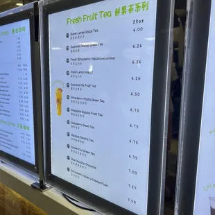 a menu for fresh fruit tea
