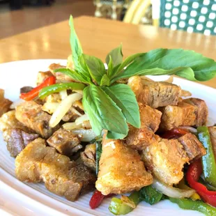 Famous Thai Chicharon: Deep Fried Pork Belly with Thai basil sauce