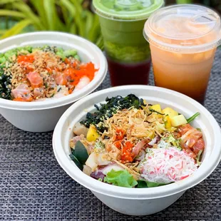 Build your own poké salad, Honolulu poké bowl, strawberry matcha latte, thai tea. Photo by @martiwantsmore.