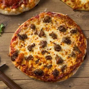 Crispy sausage pizza.