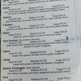 Some of the specialty pizzas (July 2024)