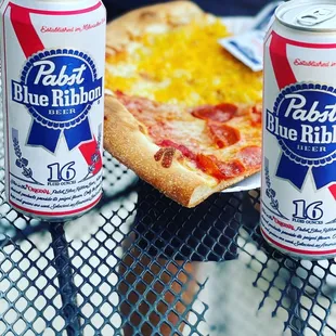 Macaroni pizza  pepperoni pizza  with a cold Pabst just hit the spot !