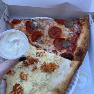 Buffalo Chicken Pizza and Pepperoni Sausage Pizza