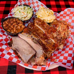 SAMPLER PLATTER SMOKED BEEF BRISKET BABY BACK PORK RIBS AND PULLED PORK CHOICE OF 2 SIDES