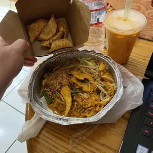 Chicken Pot Stickers Pad Thai Noodles Boba (add to thai ice tea)