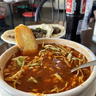 Posole and tacos with fresh made flour tortillas, yum!