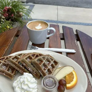 THE best Belgian wheat waffles, whipped light butter, real Maple syrup, Cappuccino. Big YUM. El mejor,  mit Liebe serviert!