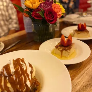 Bread pudding with ice cream and flan