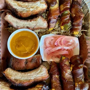 a variety of meats and sauces