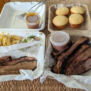 brisket with cheesy fusilli and esquites and 1lb brisket a la carte!