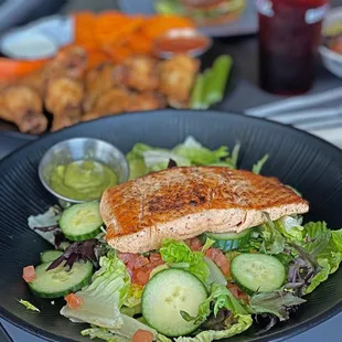 Salmon on a side salad