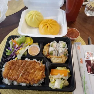 Pork Katsu Bento, Bao (curry) - Steamed Chinese, Bun Bao (pizza) - Steamed Chinese Bun, Pomegranate and Strawberry Black Tea