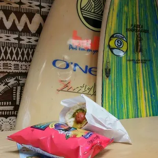 Wasabi Surfer Gourmet Dog (wasabi passion fruit mustard) "in" a Hoagie Bun with mango habanero chips ...SOOOO GOOOOOD