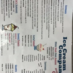 Ice cream menu