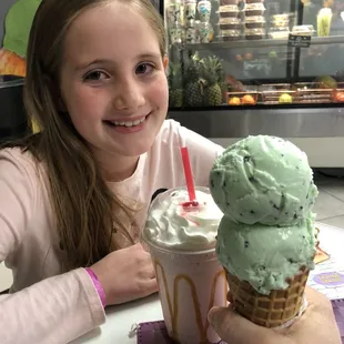 Milkshake and mint chocolate waffle cone