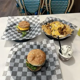 Burgers, loaded fries, cookie dough ice cream