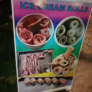 a sign for ice cream rolls