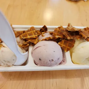 Cherry styles, berry corny, cloud 9 with waffles topping