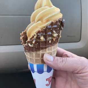 Vanilla/Chocolate twist, medium size, dipped in butterscotch, in a chocolate/peanut dipped sugar cone.
