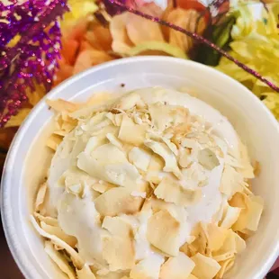 Strawberry short cake ice cream with toasted coconut