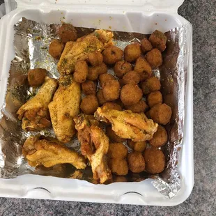 SIX WINGS AND FRIED OKRA.