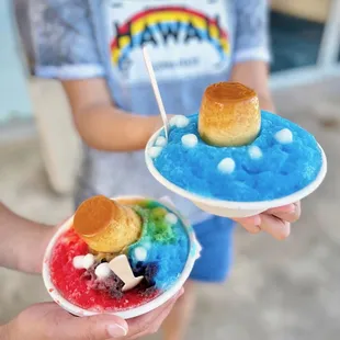 #22 Blue Vanilla Shave Ice with Ice Cream and Mochi Balls + custard &amp; #13 Rainbow Shave Ice with Mochi Balls + custard