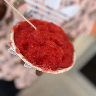 Cherry shaved ice with vanilla ice cream