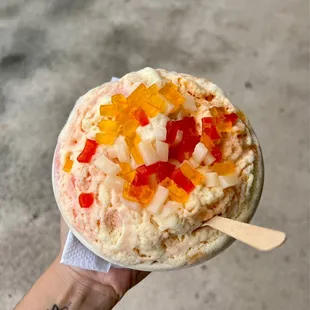 Guava and passion fruit with cream and mixed fruit jelly