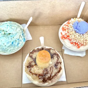 Vanilla with condensed milk, oatmeal with chocolate syrup and custard, Halo Halo.