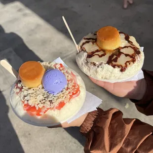 Left: Halo-Halo(pop rice, azuki beans, jelly, custard, ube ice cream) Right: Chocolate syrup, Tapioca, Custard