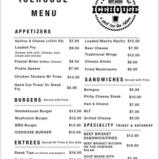 the menu for the icehouse