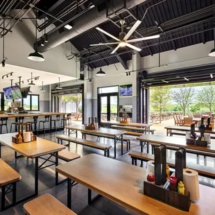 tables and benches in a restaurant